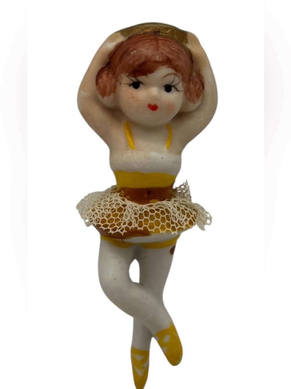 Antique Vintage Frozen Charlotte Yellow Ballerina Dance Tutu Ornament Swan Lake